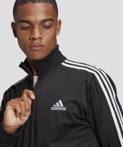Мъжки Спортен Екип Adidas Primegreen Essentials 3-Stripes Track Suit GK9651 Черен Цвят С Три Бели Ленти Отстрани